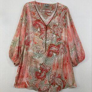 JM Collection size 2X Red Gray Paisley V Neck Chain Accents Chiffon Tunic